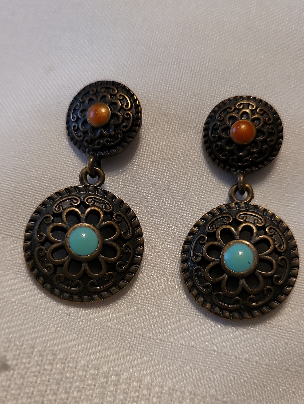 Earrings Boho Turquoise Coral Antiqued Brass Pierced Dangle